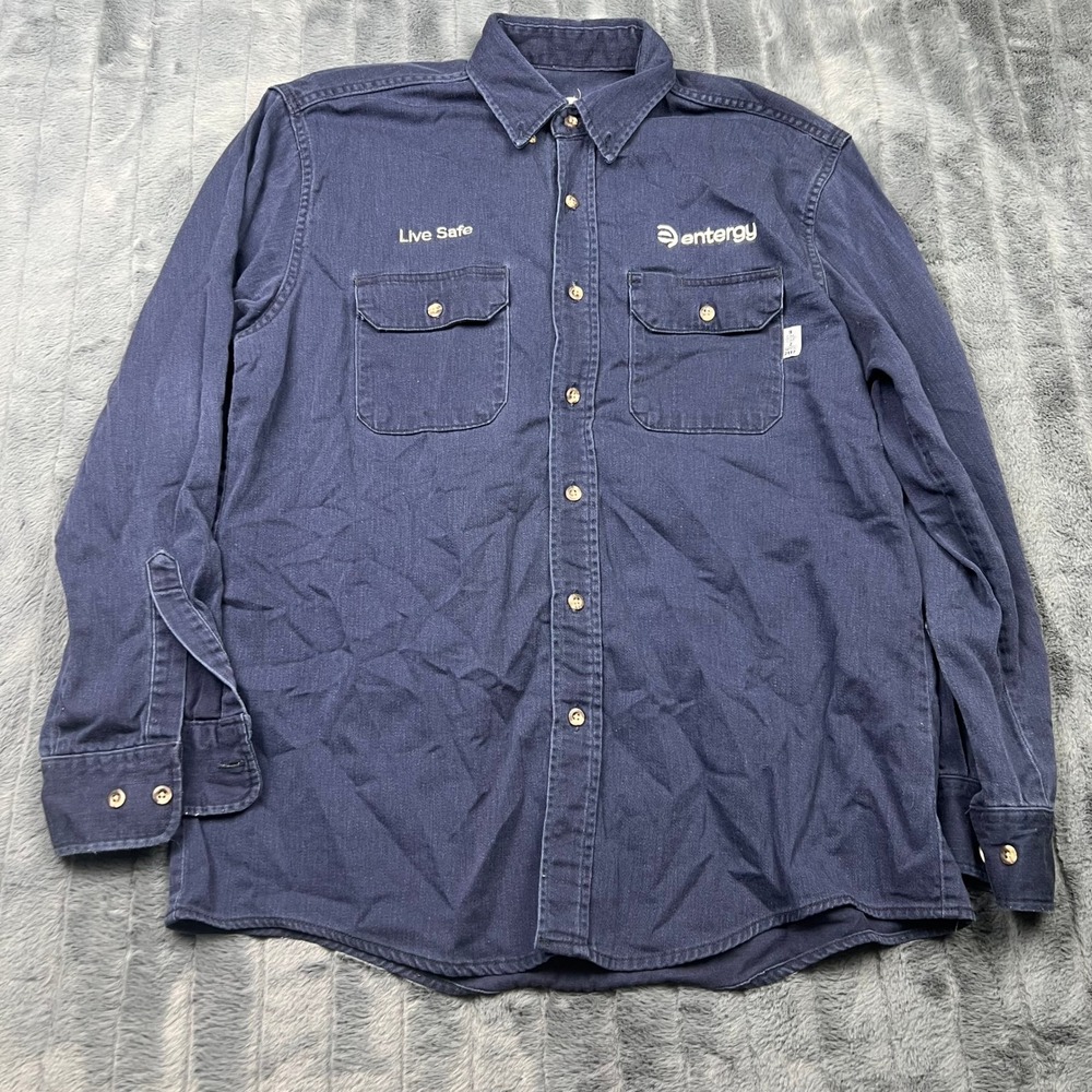 Tyndale FR Flame Resistant Entergy Work Shirt Mens Large Navy Blue Made in USA